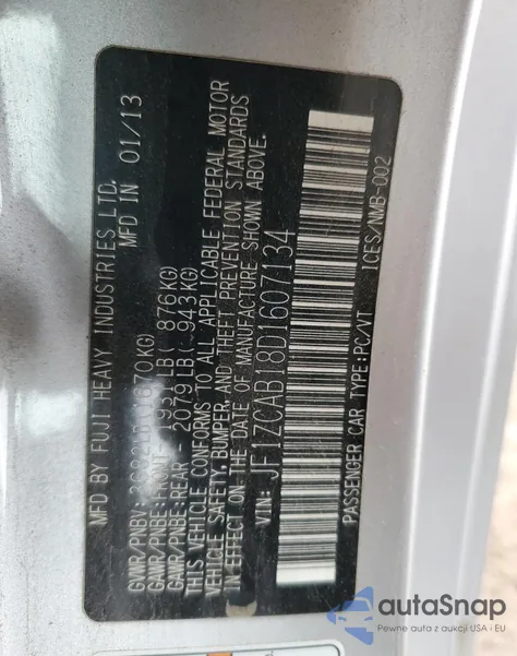 2013 Subaru Brz 2.0 Premium из США, поврежденный, VIN JF1ZCAB18D1607134